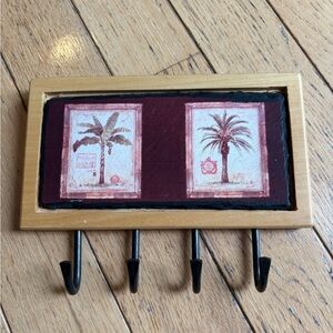 Wall Key Holder 4 Hooks Wooden Tropical Tile Design 5x9 Inches